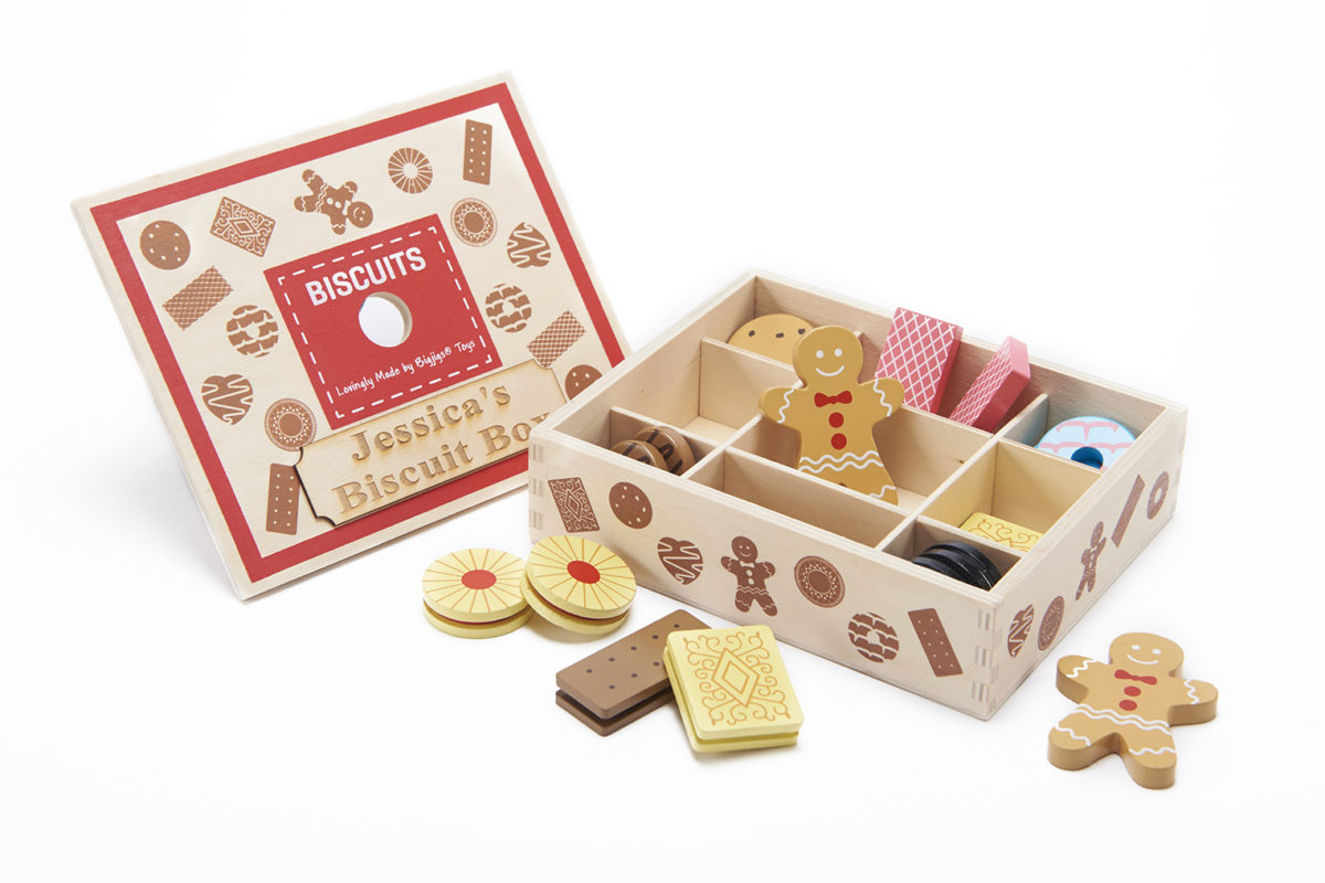 Bigjigs Toys Wooden Biscuit Box Pretend Play Food Set Lifelike Roleplay Shop 