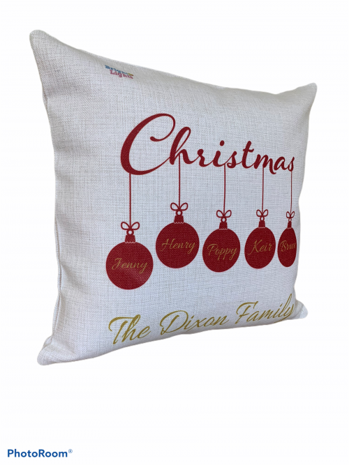 Personalised family baubles Christmas cushion